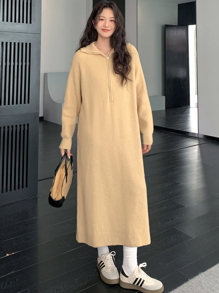 Damen Geripptes Kapuzen-Strickmaxikleid mit halbem Reißverschluss und weitem Fall Drune