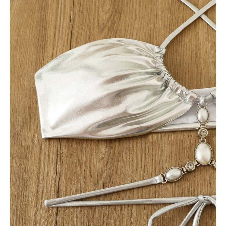 Damen Glänzender Bikini mit Neckholder-Design Drune