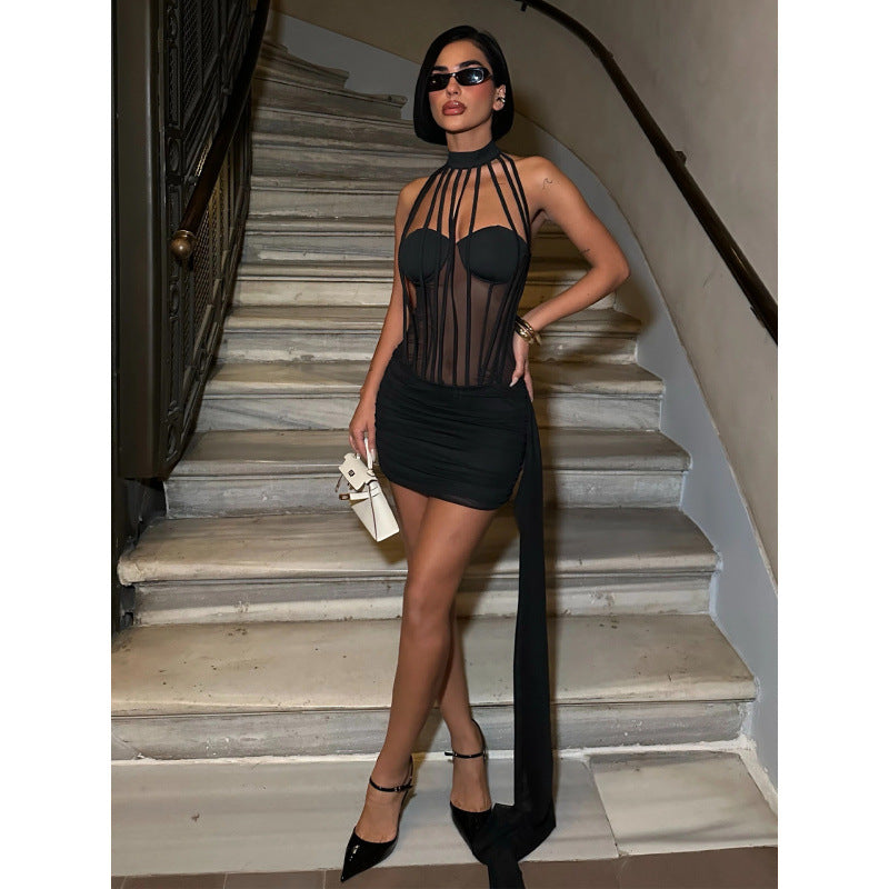 Damen Sexy Bodycon Kleid mit transparenten Details und Schnürung Drune