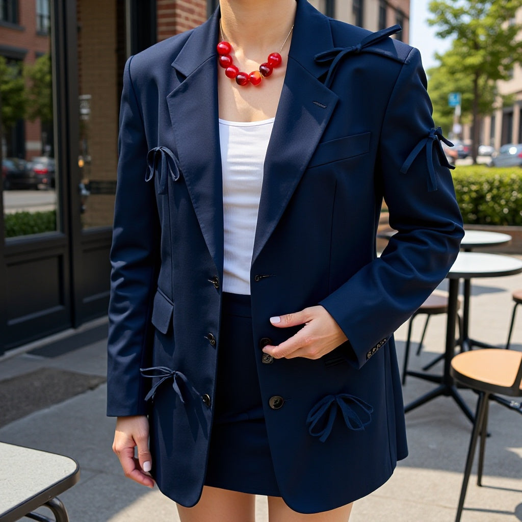 Damen Taillierter Blazer mit dekorativen Schleifen und abgestimmtem Minirock-Set Drune
