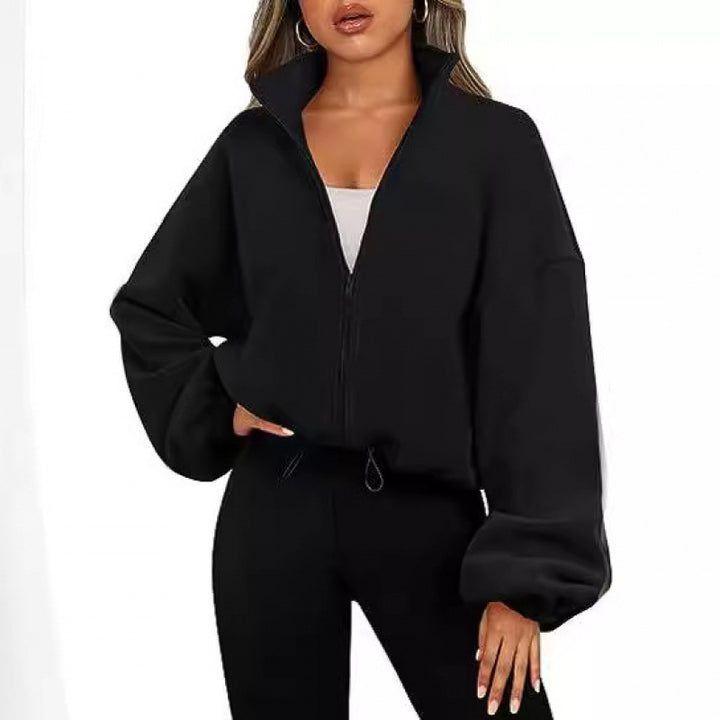 Damen trendy Oversize-Zip-Pullover mit hohem Kragen und Kordelzug Drune