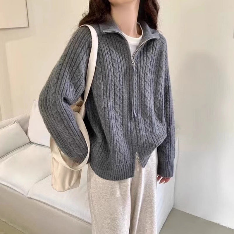 Damen Kastiger Zopfstrick‑Cardigan mit Zweiwege‑Reißverschluss, Stehkragen und breitem Rippsaum Drune