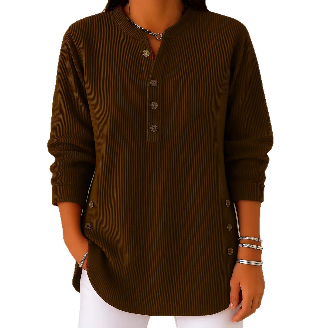 Damen nan plissee Tunika-Bluse mit Stehkragen, Knopfleiste und seitlichen Zierknöpfen Drune