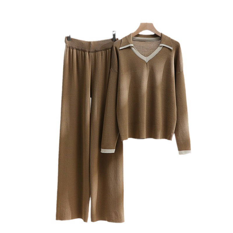 Damen gemütliches Strick-Loungewear-Set mit kontrastierendem Kragen und weitem Bein Drune