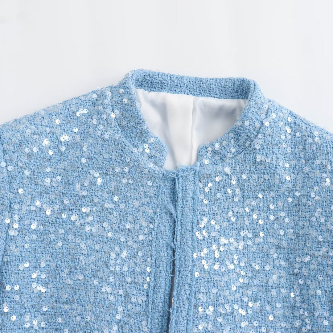 Damen Kurz geschnittene Bouclé‑Tweed Jacke mit Paillettenbesatz und Pattentaschen Drune