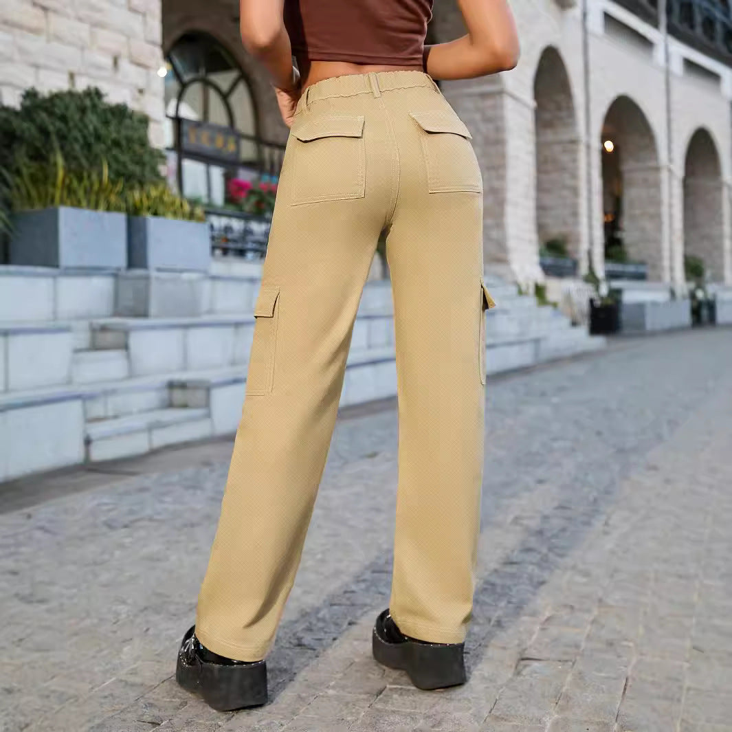 Damen weite Cargo-Hose mit hoher Taille und aufgesetzten Klappentaschen Drune