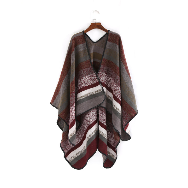 Damen Gewobene Oversize-Ruana mit diagonalem Blockstreifen und Kettelkante Drune