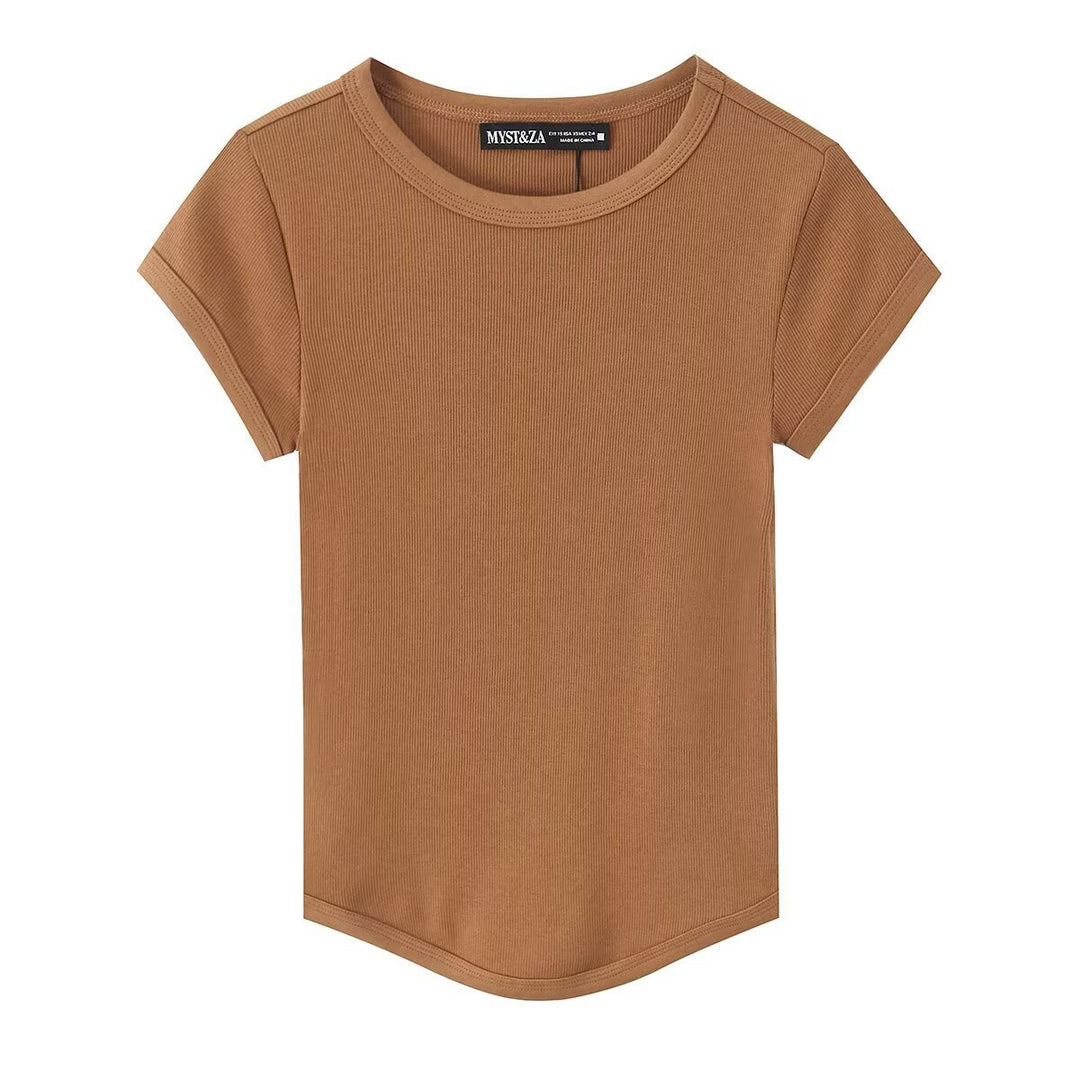 Damen hochwertiges, figurbetontes Basic-T-Shirt mit feiner Rippstruktur Drune