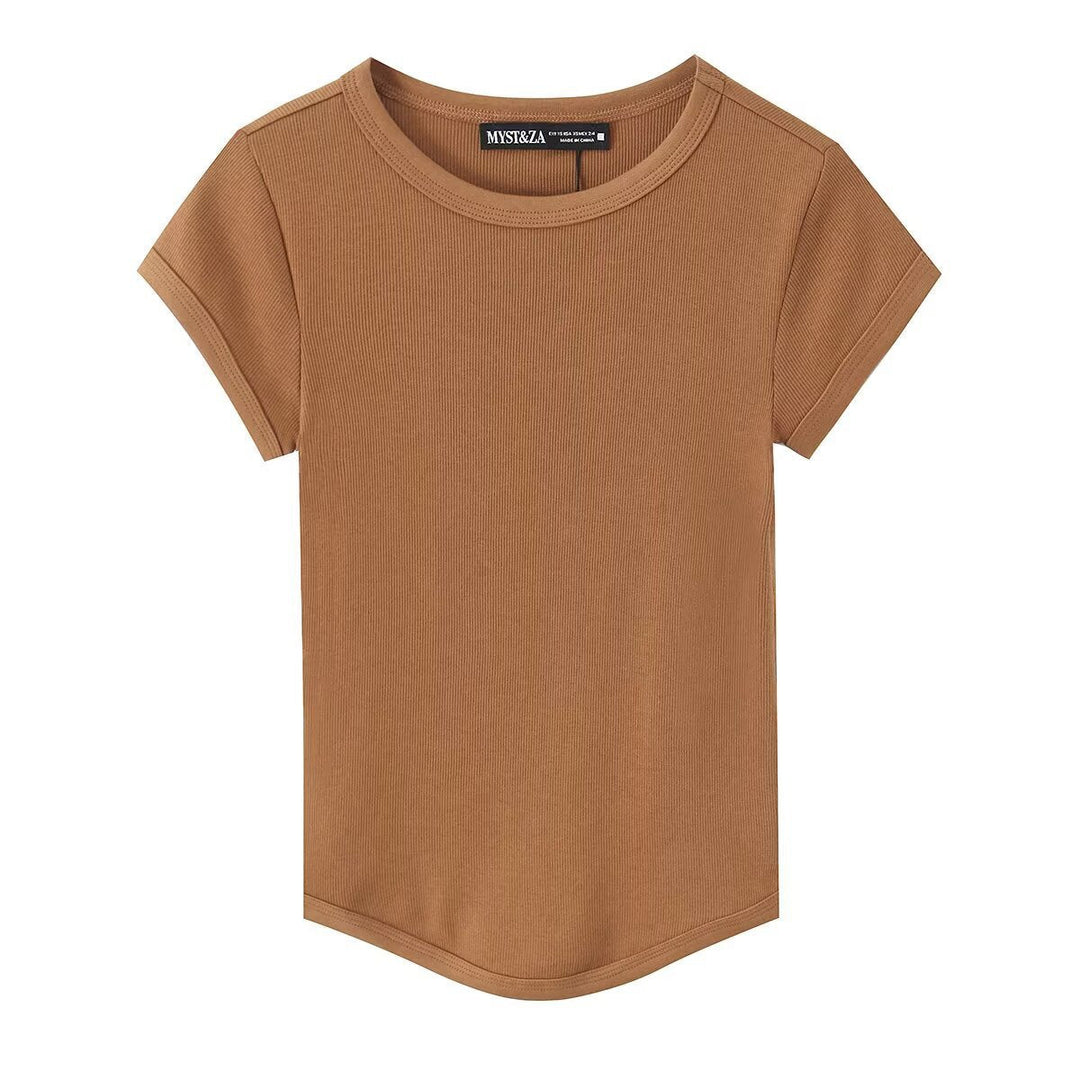 Damen hochwertiges, figurbetontes Basic-T-Shirt mit feiner Rippstruktur Drune