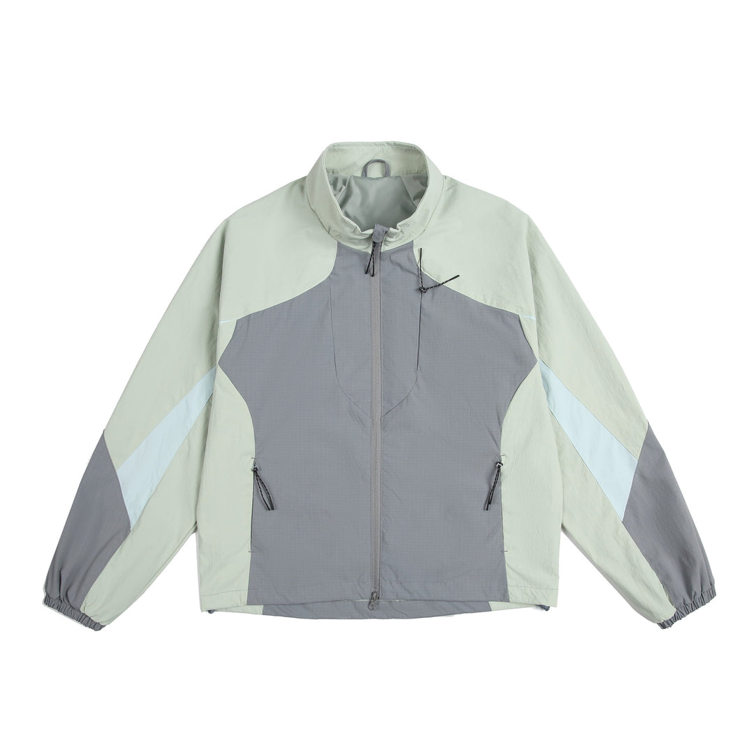 Unisex Leichte Windjacke mit hohem Kragen, Farbmix‑Paneelen und verstellbarem Saum Drune