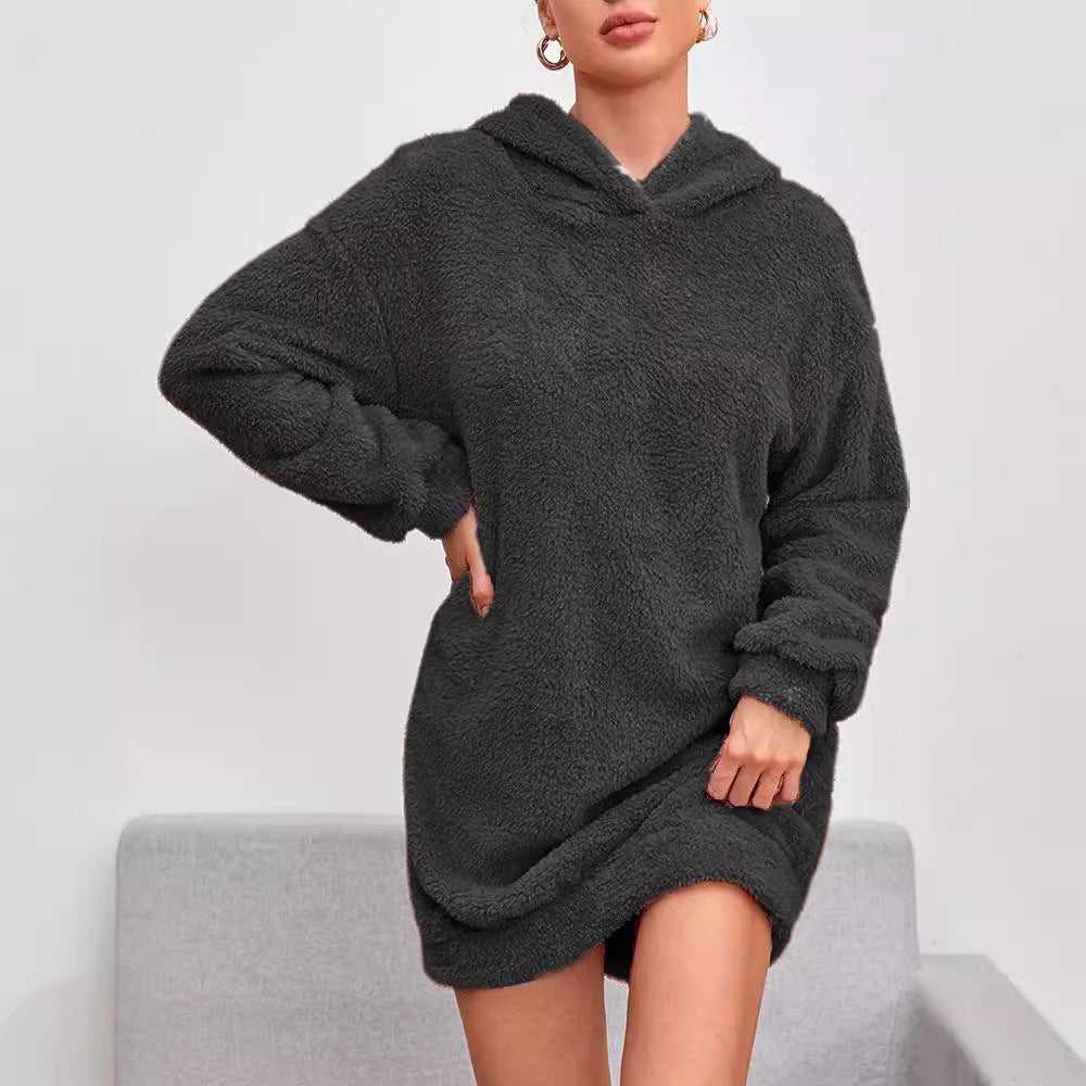 Damen Flauschiger Hoodie-Kleid mit Kapuze und praktischen Taschen Drune