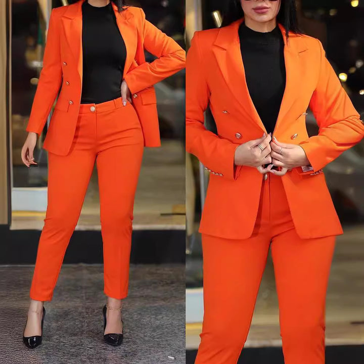 Damen nan tailliertes Business-Hosenanzug-Set mit doppelreihigem Reversblazer und schmal zulaufender Bundhose Drune