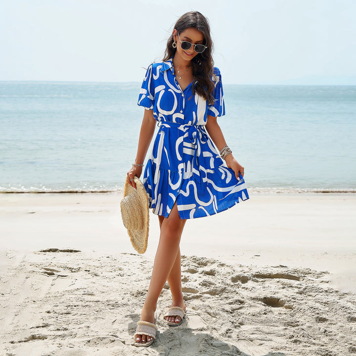 Damen Sommerliches Kleid mit Wellenmuster und Taillengürtel Drune