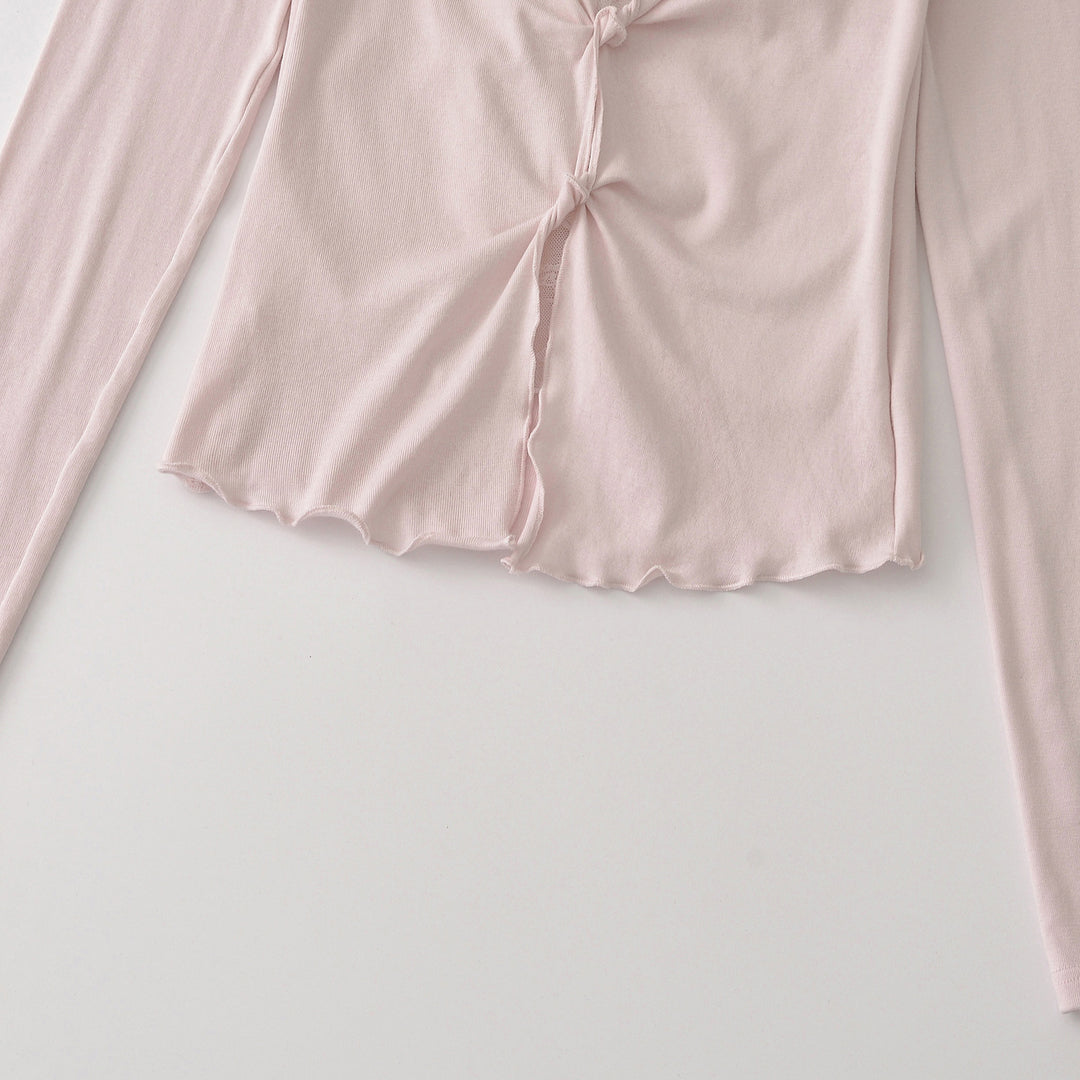 Damen Langarm-Feinjersey-Top mit Spitzen-Einsatz, Knotenfront und Raffung Drune