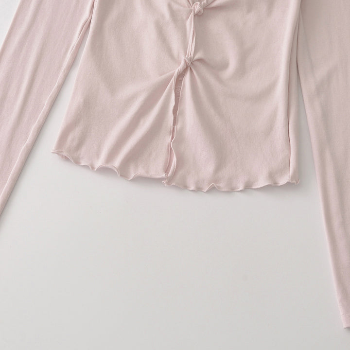 Damen Langarm-Feinjersey-Top mit Spitzen-Einsatz, Knotenfront und Raffung Drune