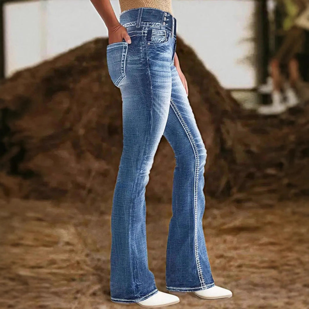 Damen hochtaillierte Flared-Jeans mit seitlicher Ziernaht und sculptendem Stretchbund Drune