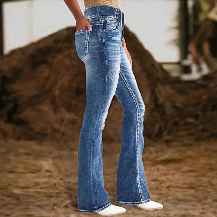 Damen hochtaillierte Flared-Jeans mit seitlicher Ziernaht und sculptendem Stretchbund Drune