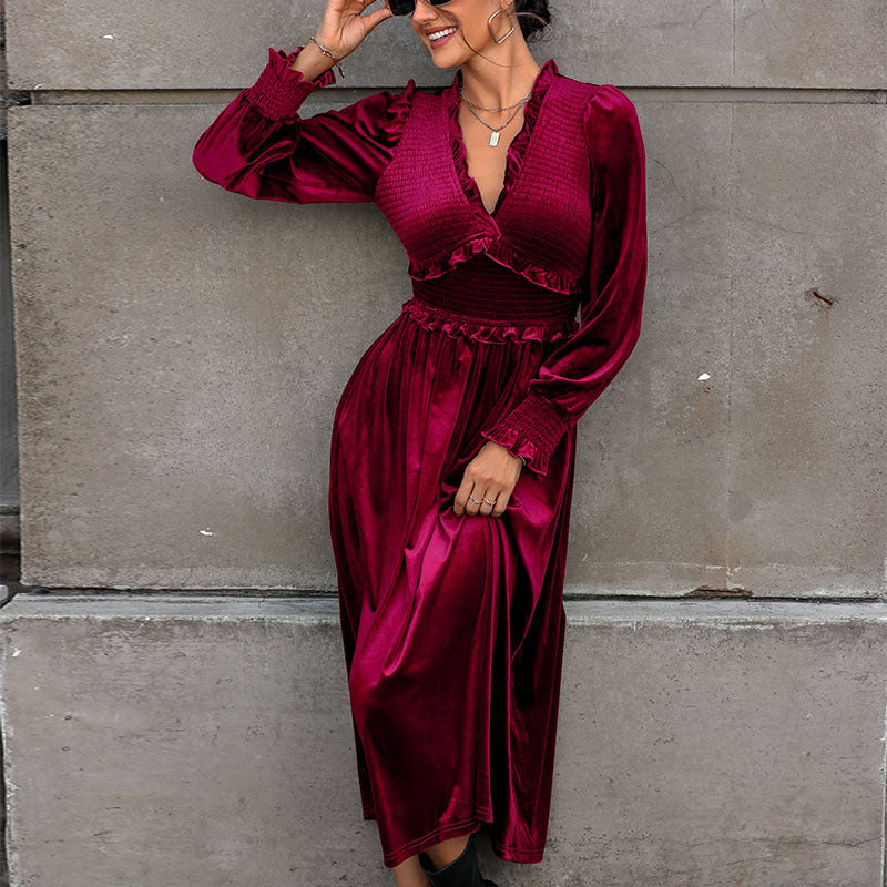 Damen Midikleid mit Rüschendetails und V-Ausschnitt Drune