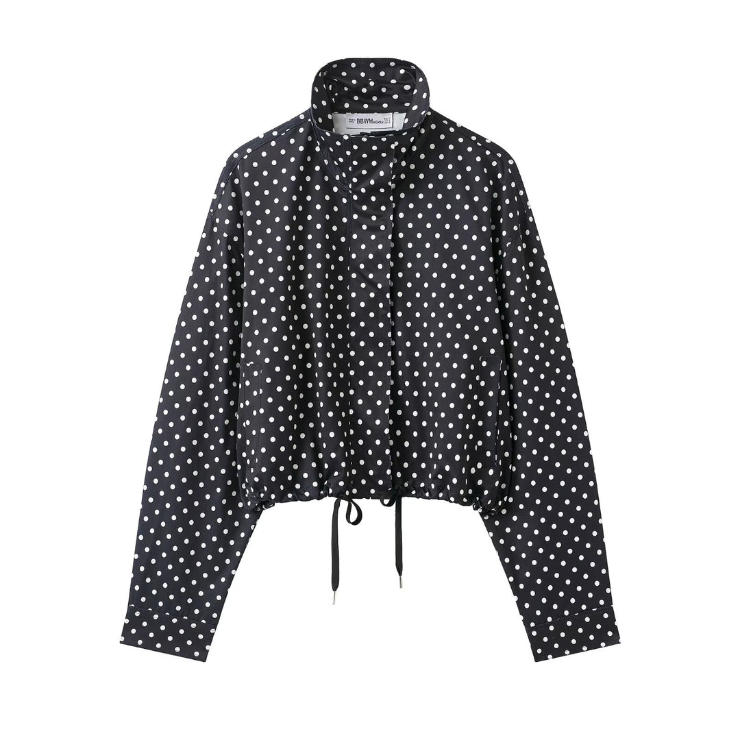 Damen Cropped-Übergangsjacke mit Polka-Dot, hohem Funnelkragen und Tunnelzug Drune