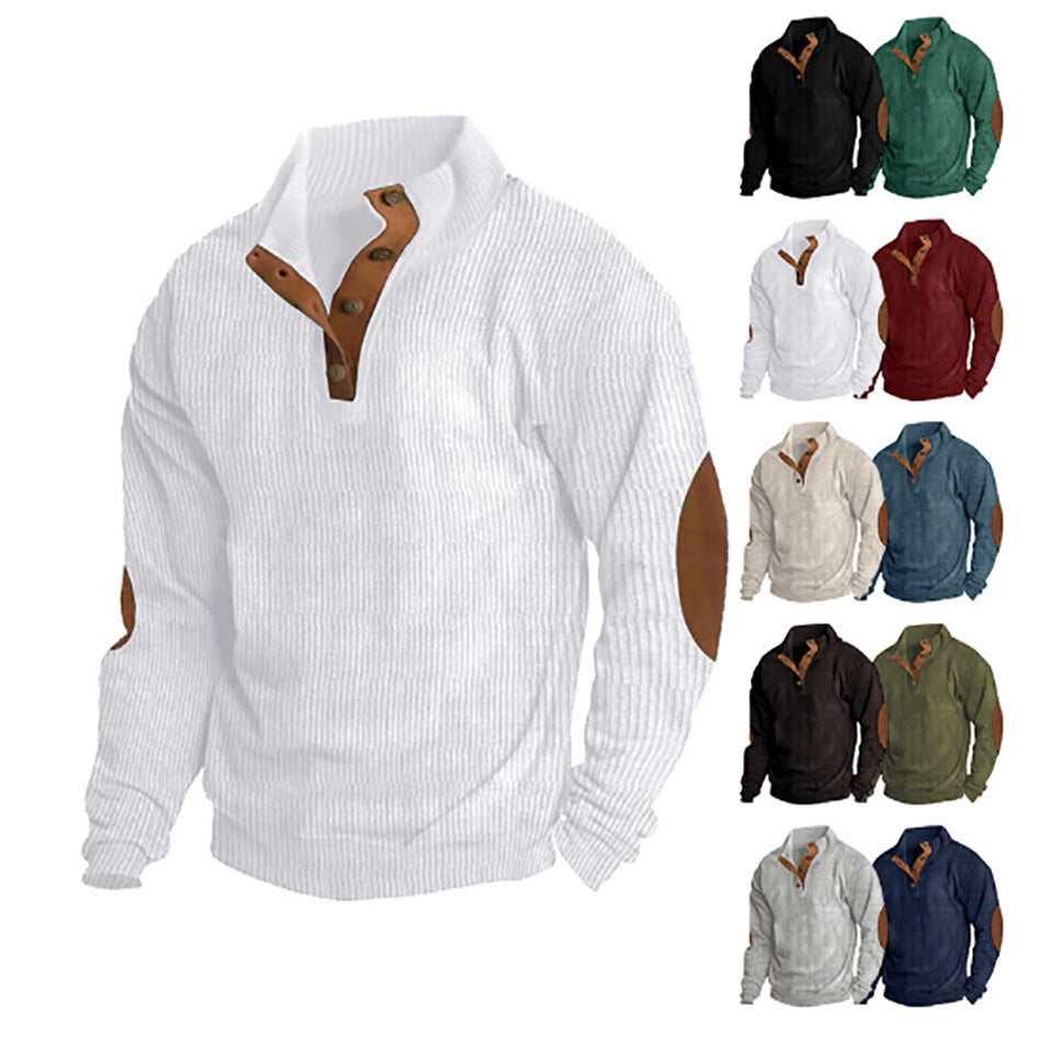 Herren nan grober Rippstrick-Pullover mit Stehkragen, Knopfleiste und markanten Ellenbogenpatches Drune
