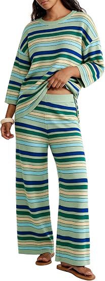 Damen Gestreiftes Lounge-Set aus leichtem Strick mit weitem Bein und 3/4-Ärmeln Drune