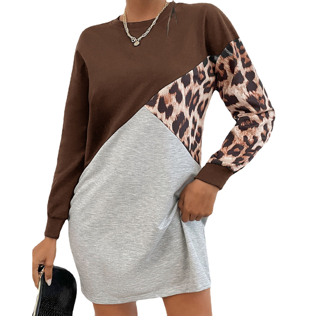 Damen Oversize-Sweatkleid mit Colorblock-Design und Leopardenärmeln Drune