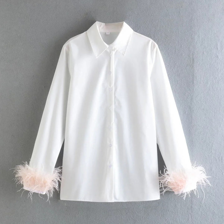 Damen Elegante Baumwollbluse mit Federbesatz an Manschetten und klassischem Hemdkragen Drune
