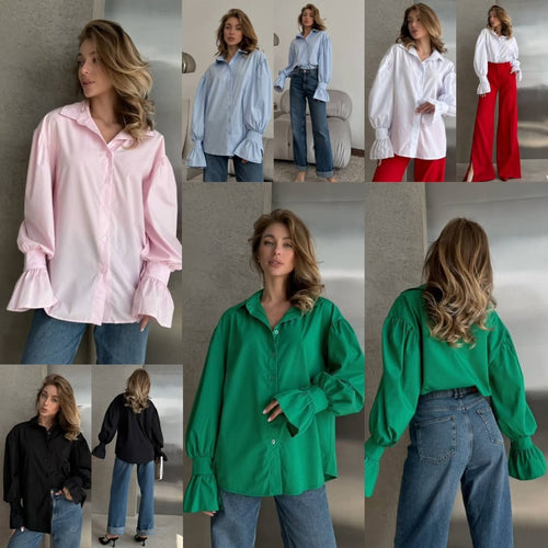 Damen Oversized-Bluse mit Volant-Manschetten und Ballonärmeln Drune