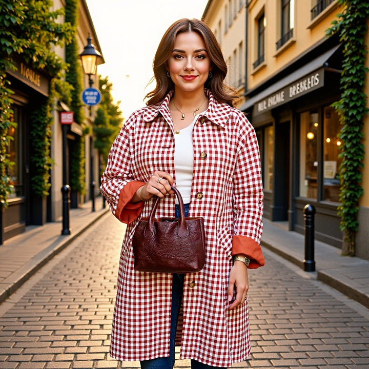 Damen Karo-Trenchcoat mittellang mit Knopfleiste und kontrastgefütterten Manschetten Drune