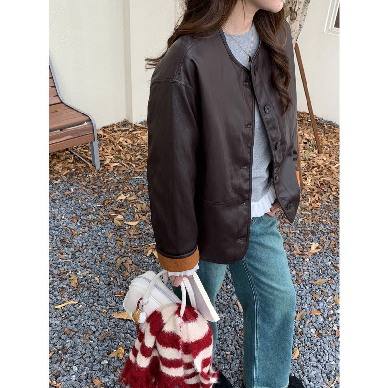 Damen modische Lederjacke mit kariertem Futter Drune