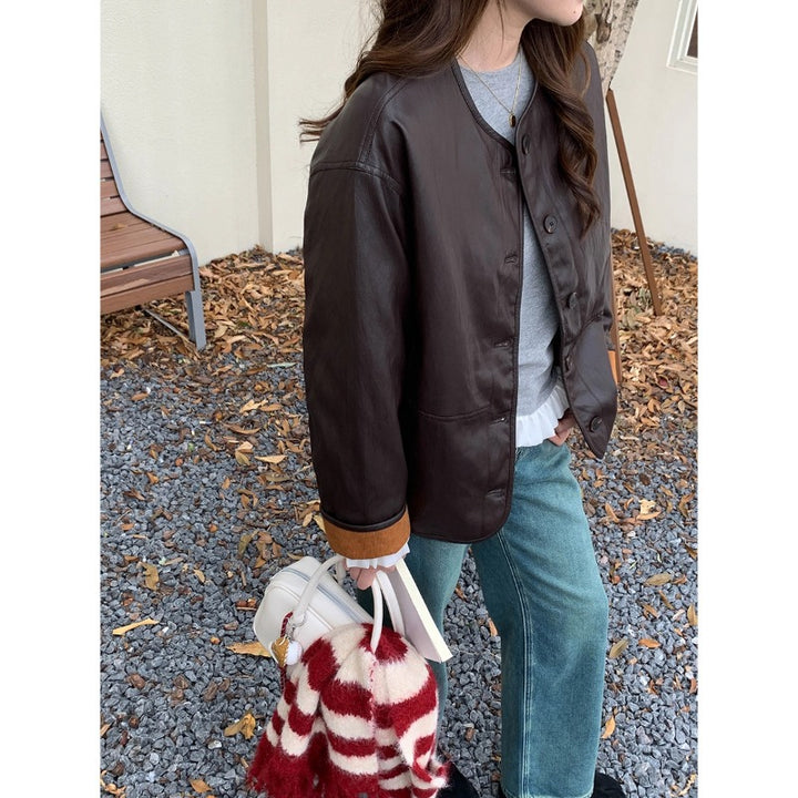 Damen modische Lederjacke mit kariertem Futter Drune
