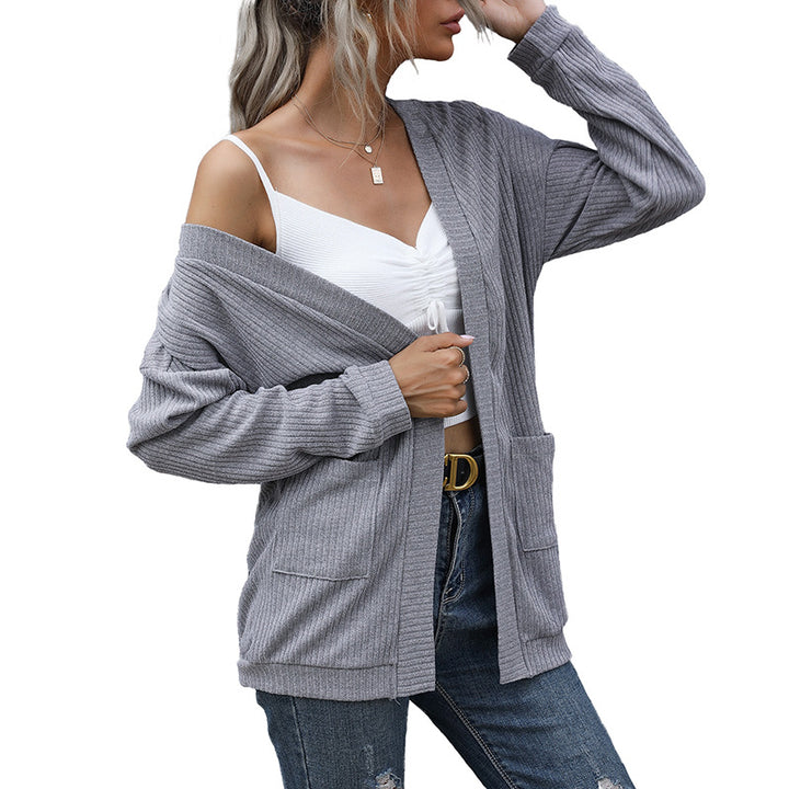 Damen lässiger gerippter Strickcardigan mit Taschen und offenem Schnitt Drune