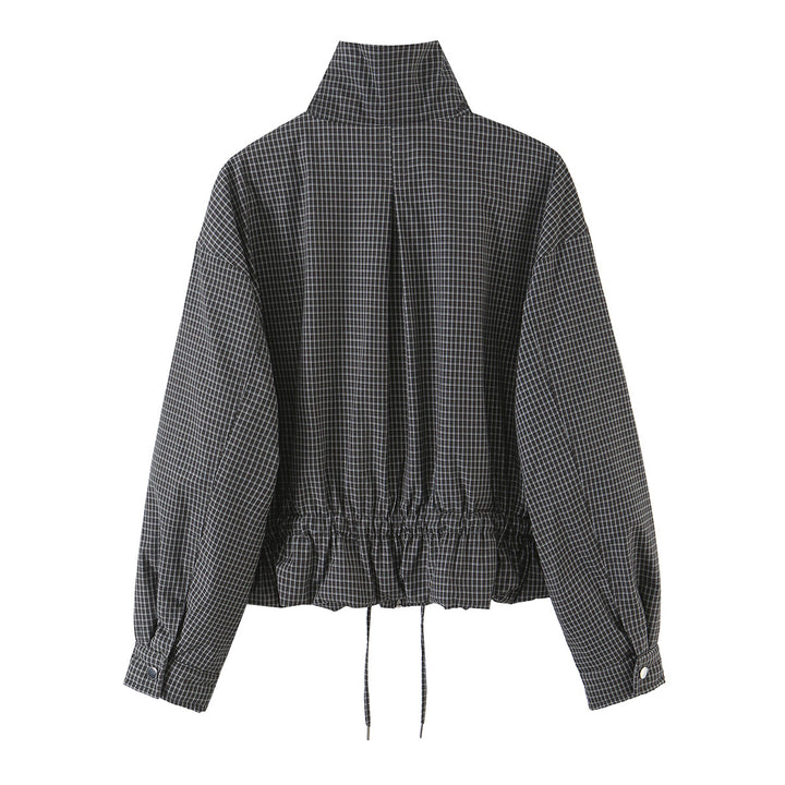 Damen karierte, funktionale Übergangsjacke mit Stehkragen und Tunnelzug Drune