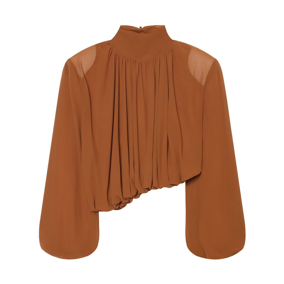 Damen Plissierte Bluse mit Stehkragen und Ballonärmeln Drune