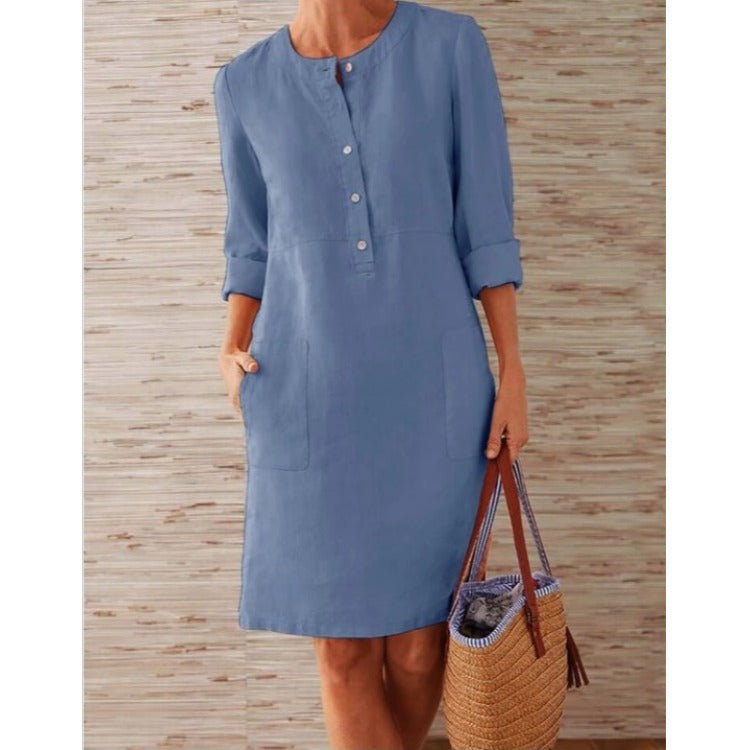 Damen Leichtes Leinenkleid mit praktischen Taschen und angesagtem Knopfdesign Drune