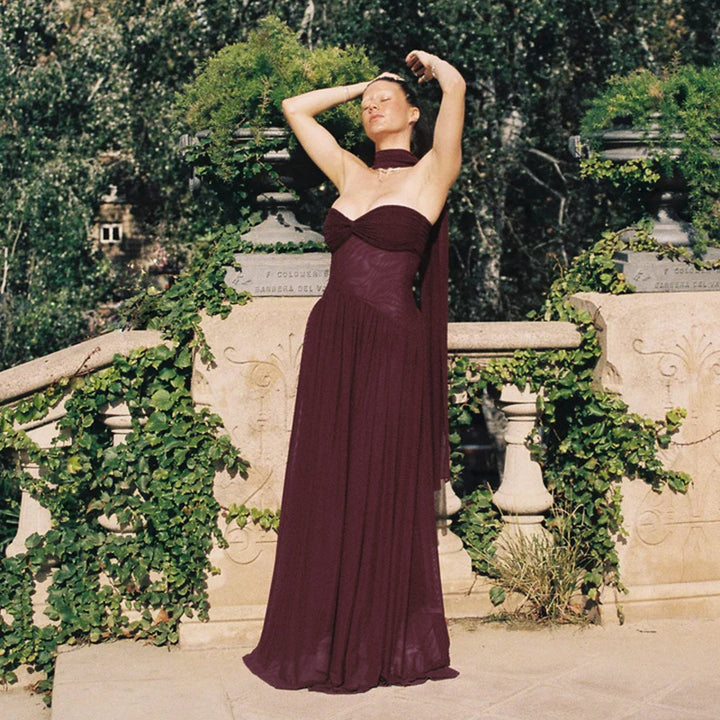 Damen elegantes schulterfreies Maxikleid mit fließendem Rock und raffinierter Drapierung Drune