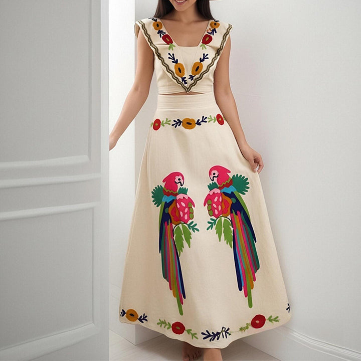 Damen Elegantes Maxikleid mit kunstvollem Stickmuster und Volantärmeln Drune