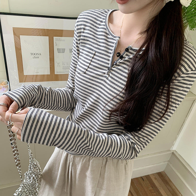 Damen modisches Langarmshirt mit Knopfleiste und Streifenmuster Drune