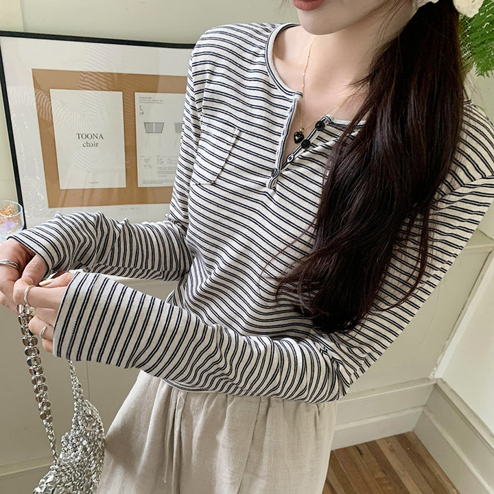 Damen modisches Langarmshirt mit Knopfleiste und Streifenmuster Drune