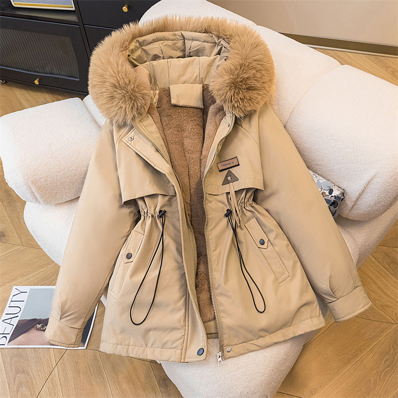 Damen warme Parkajacke mit abnehmbarem Kunstfellkragen und praktischen Taschen Drune