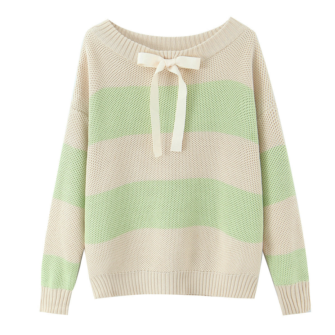 Damen Oversized Off-Shoulder-Pullover mit Carmenkragen, Waffelstrick und Zierbändern Drune