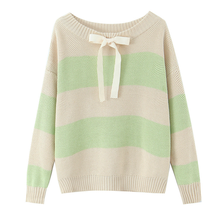 Damen Oversized Off-Shoulder-Pullover mit Carmenkragen, Waffelstrick und Zierbändern Drune