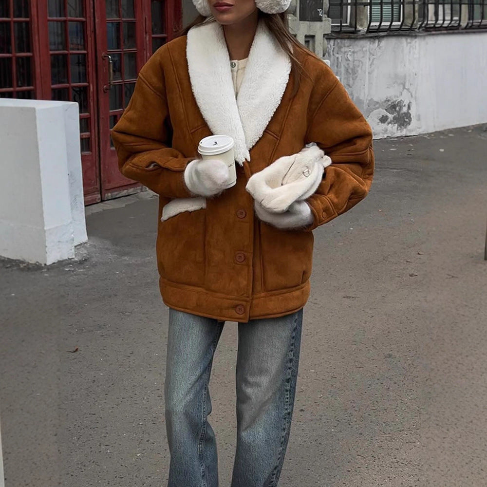 Damen Oversized Lammfellimitat Jacke mit großem Schalkragen Drune