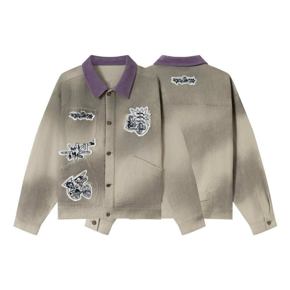 Unisex Kastig geschnittene Chorejacke aus Baumwollcanvas mit artistischen Patch Applikationen und Cordkragen Drune