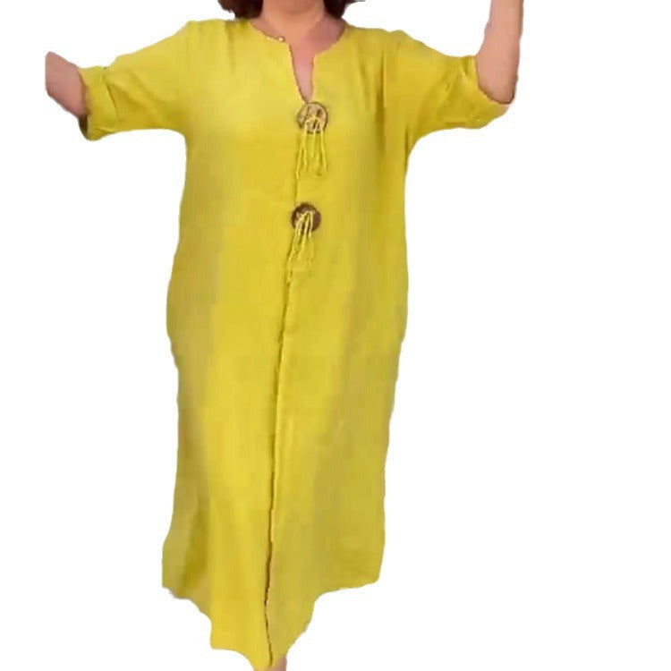 Damen Lange Leinen Look Kaftan Kleid mit Holerring Dekorbändchen und Roll-Up Drei-Viertel Ärmeln Drune