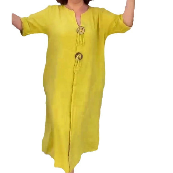 Damen Lange Leinen Look Kaftan Kleid mit Holerring Dekorbändchen und Roll-Up Drei-Viertel Ärmeln Drune
