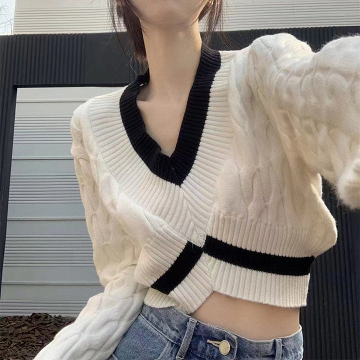 Damen stylischer cropped Pullover mit V-Ausschnitt und Zopfmuster Drune