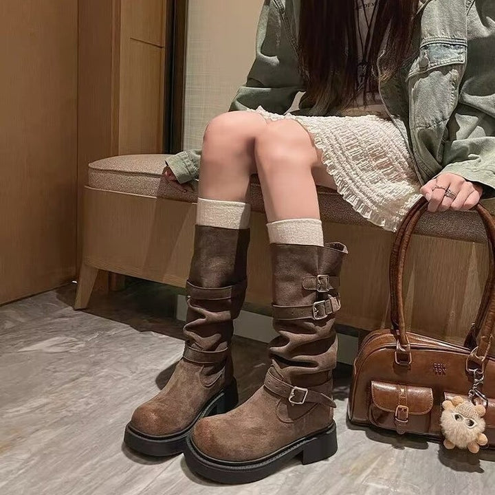 Damen Modische Overkneestiefel mit Schnallen-Design Drune