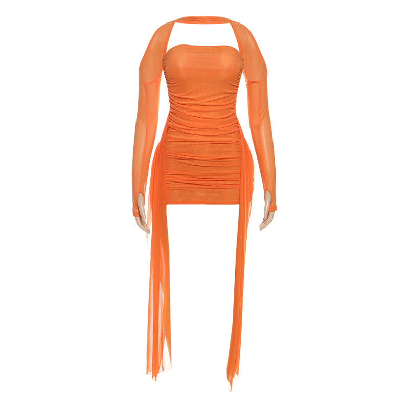 Damen Elegantes Langarmkleid mit raffiniertem Drapierungsdesign und transparenten Elementen Drune
