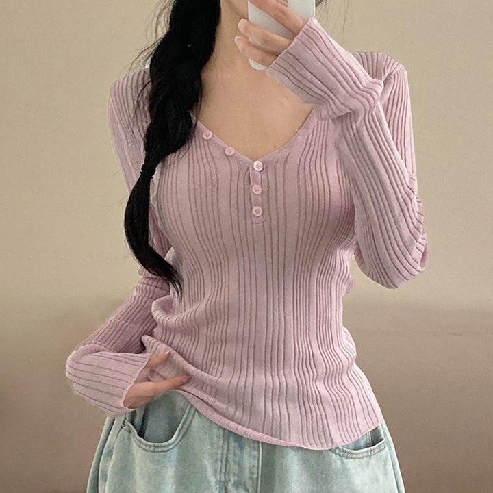 Damen nan feinstrukturierter Rippstrick-Longsleeve mit V-Ausschnitt, Henley-Knopfleiste und taillierter Passform Drune